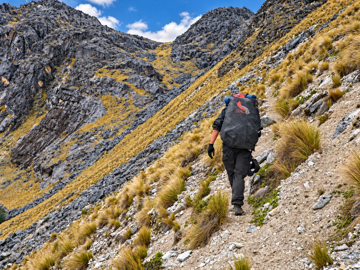 Viajero recorriendo un sendero entre montañas